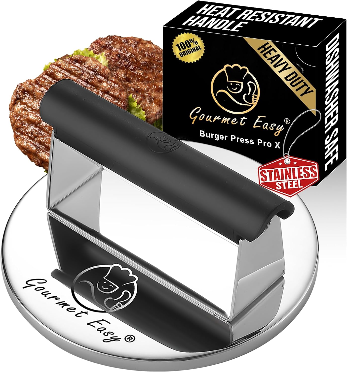 Prensa hamburguesas acero inox 2lb mango resistente lavavajillas