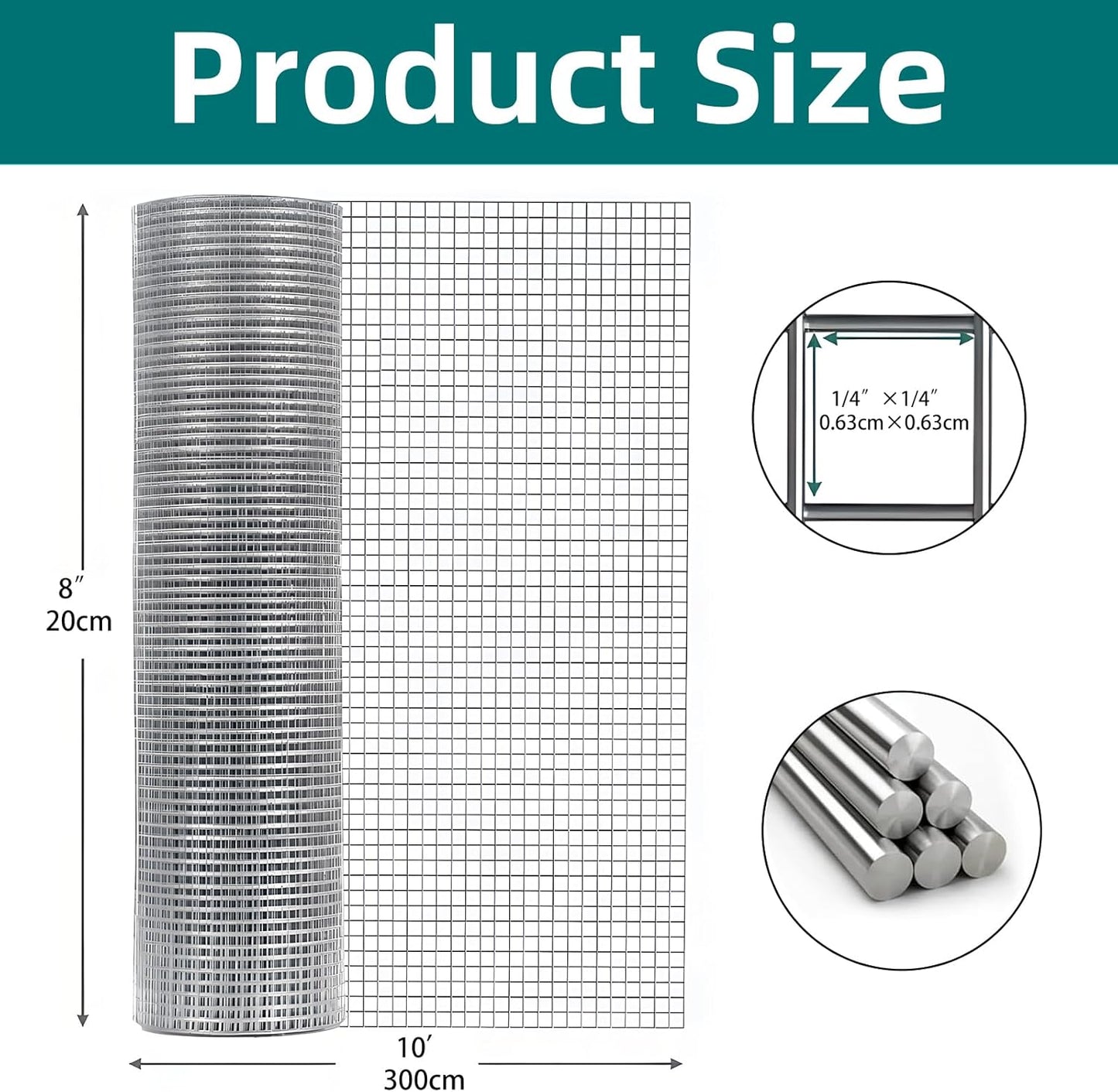 Rollo malla acero inox 304 soldada 23x1/4 pulg proteccion jardín