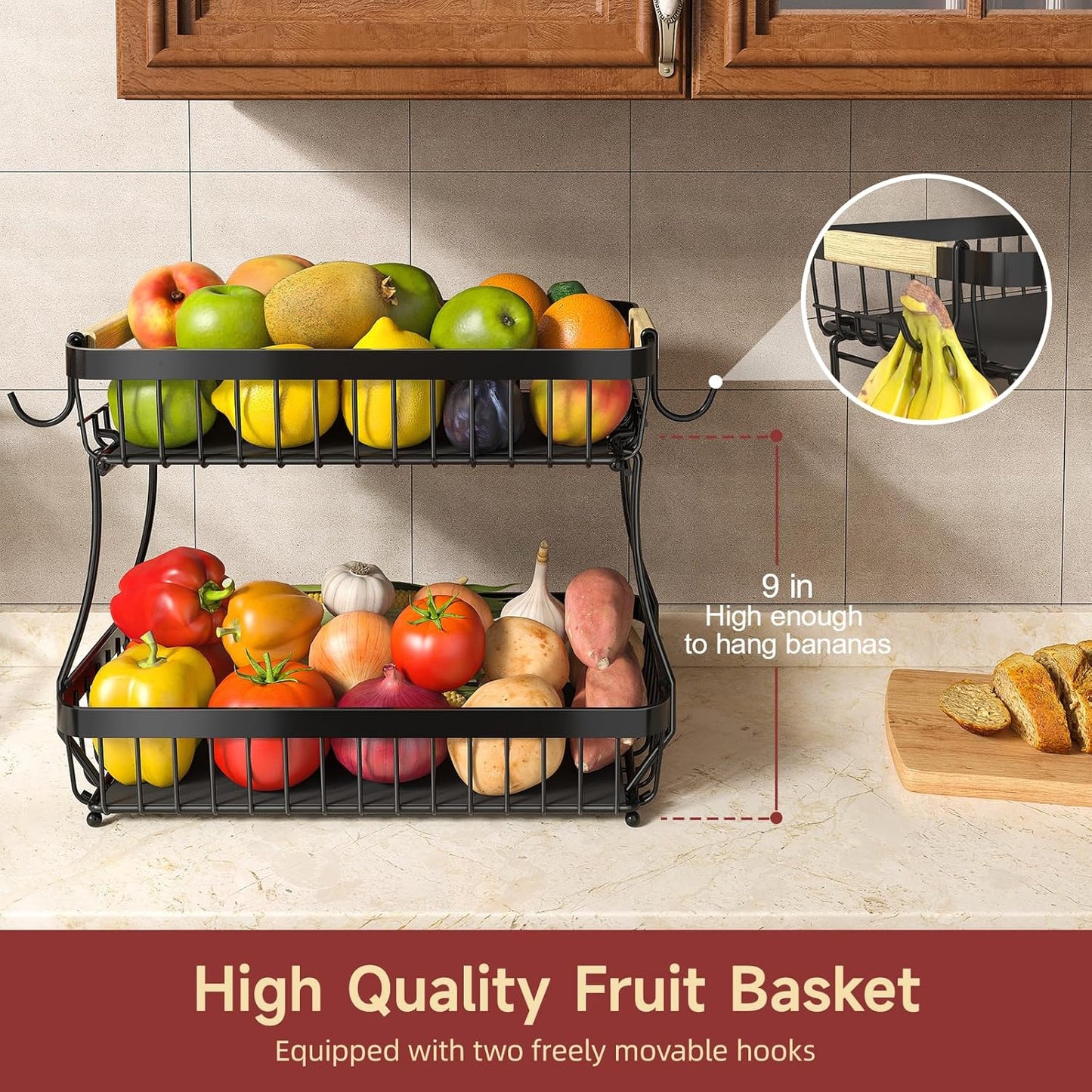 Cesta de frutas grande Sevenblue para encimera con ganchos y contenedores