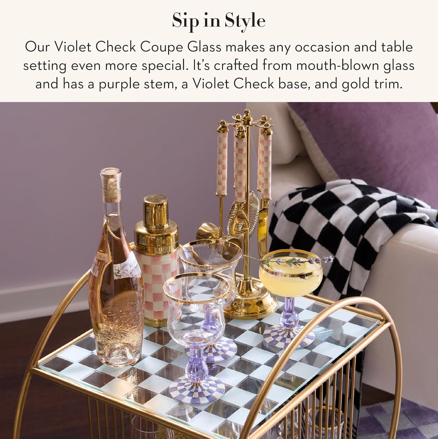 Vaso Cupé Cristal Decorativo 11oz Cuadros Violeta Blanco