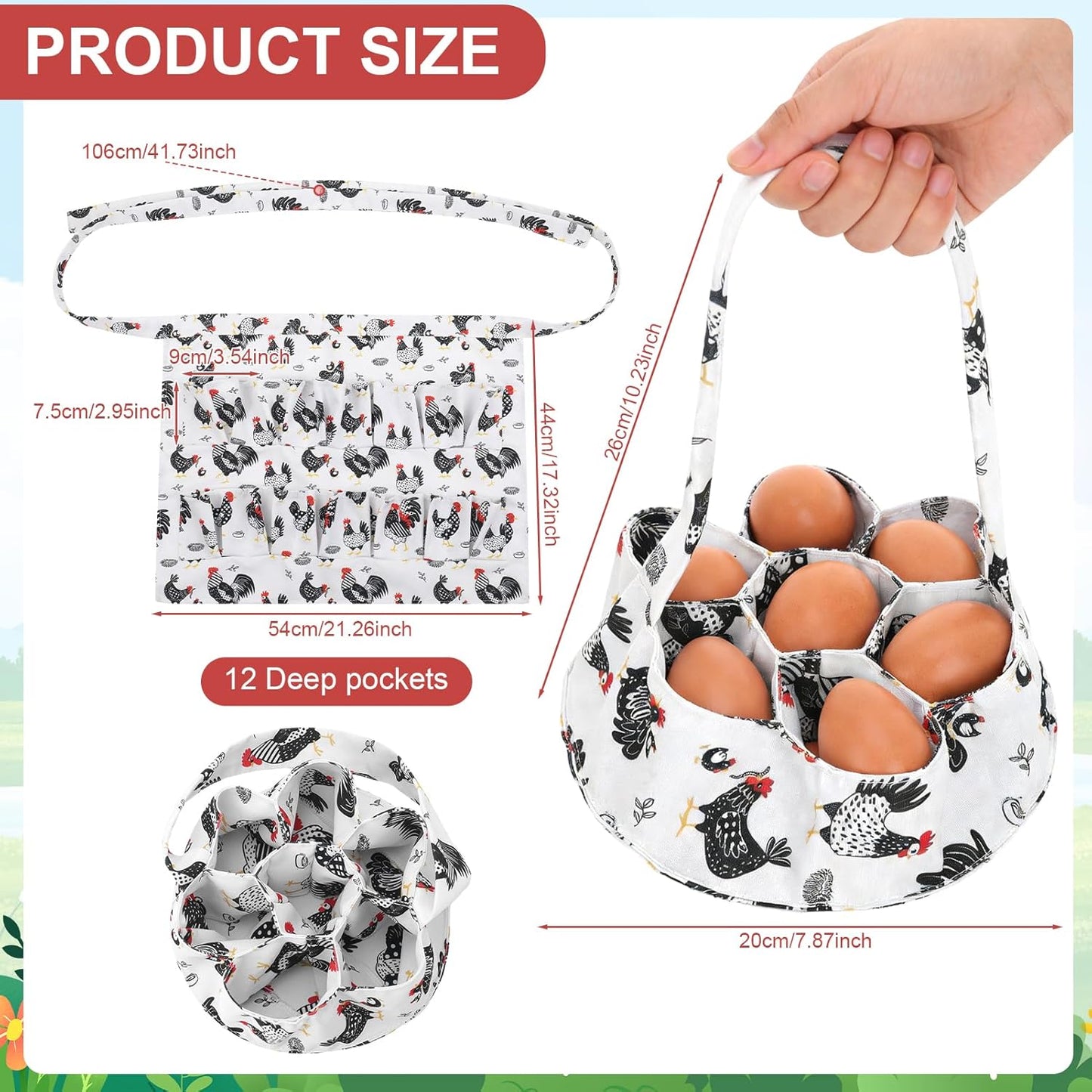 Apron y canasta para recoger huevos con 19 bolsas