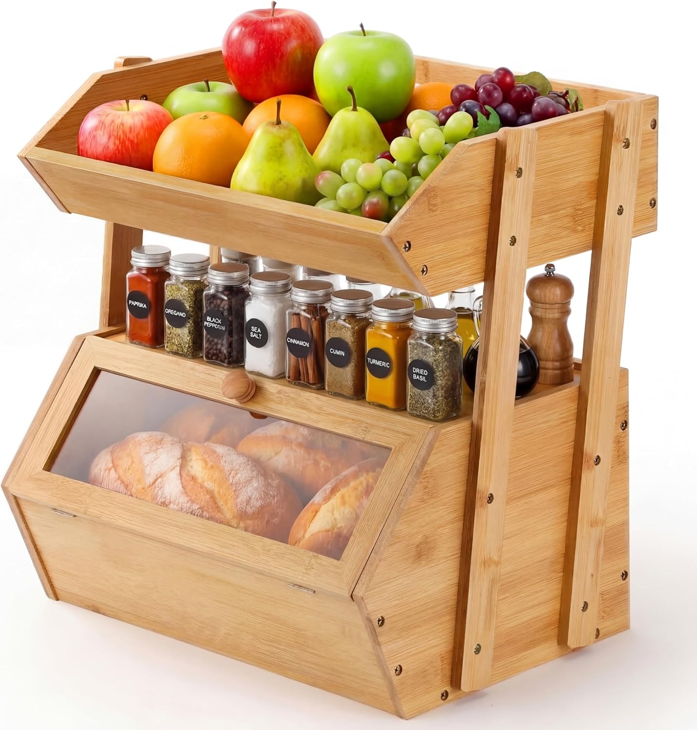 Panera de bambú 2 niveles con ventana, cesta de frutas y verduras para encimera