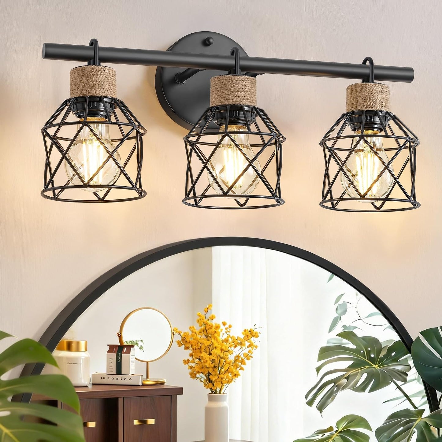 Lámpara tocador 3 luces estilo granja pantalla metal negro mate