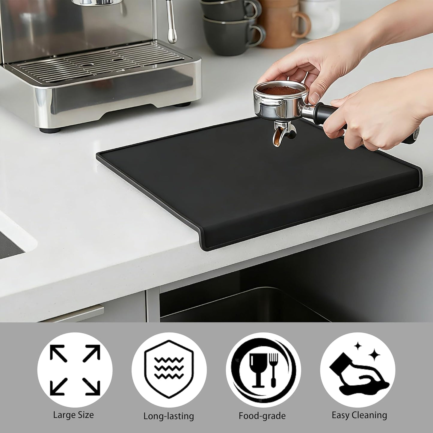 Tapete silicona para café expreso negro antideslizante 9.8x7.8pulg