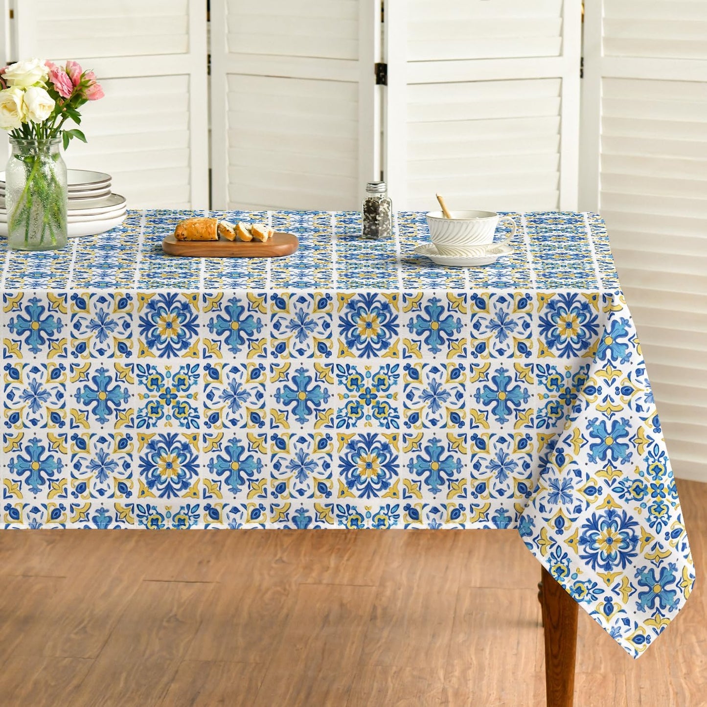 Mantel rectangular azul Talavera 60 x 84 pulgadas para fiestas y decoración