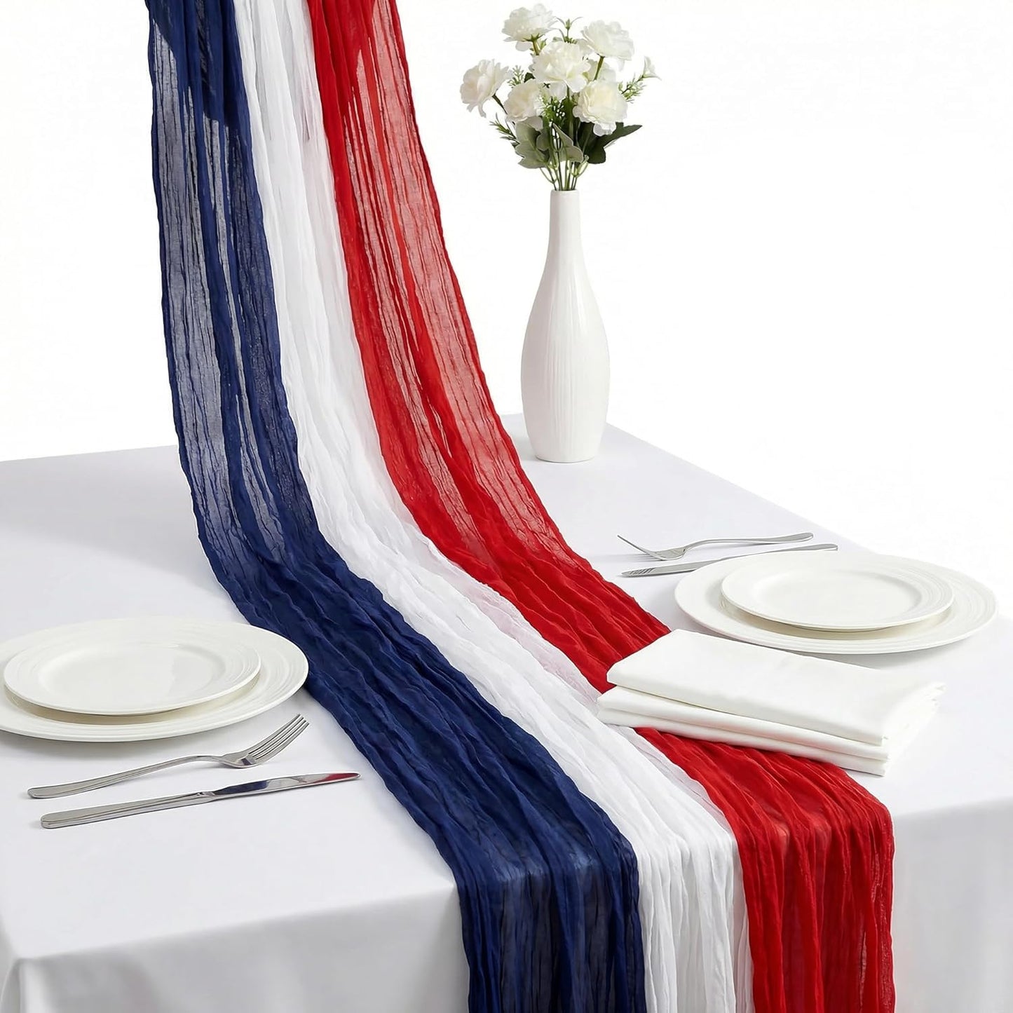 Juego camino mesa mantel rojo blanco azul decoración patriótica