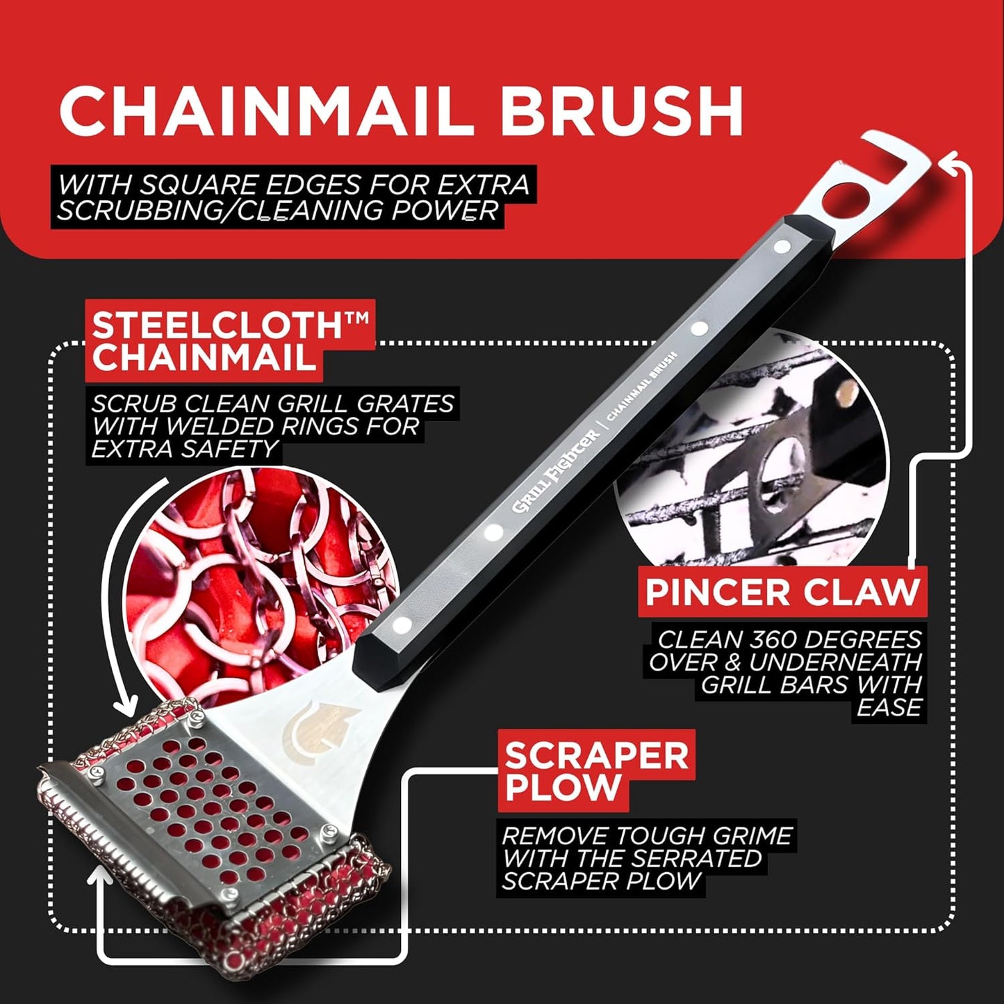 Cepillo parrilla sin cerdas acero inox malla SteelCloth ergonómico
