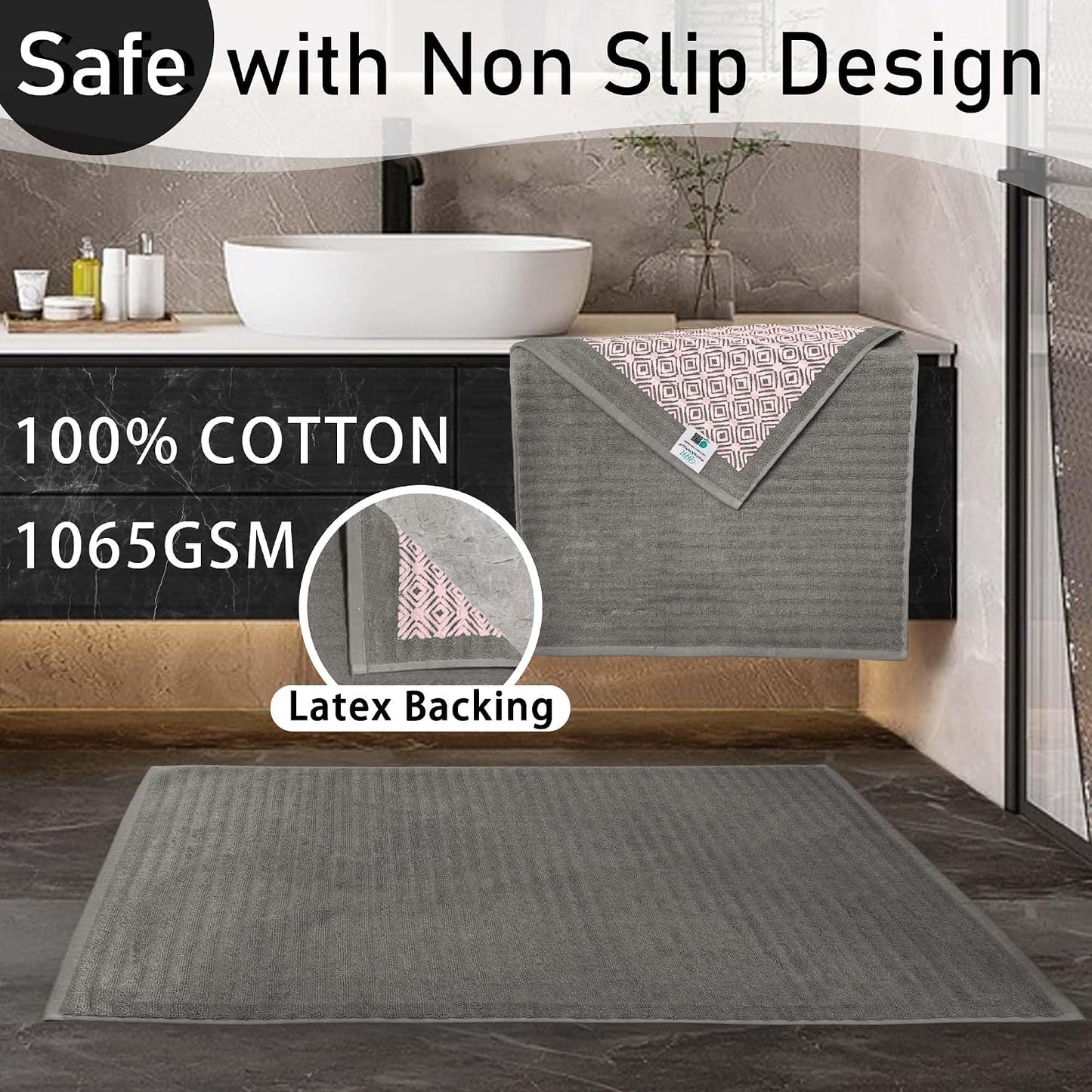 Set 2 Alfombras Baño Grises 20x32pulg Algodón 1020gsm Antiderrap