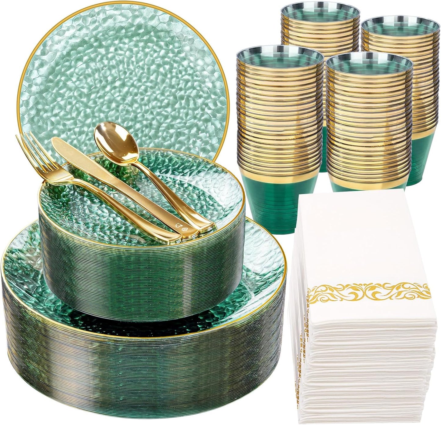 Set 350 Pzas Vajilla Plástico Verde Dorado