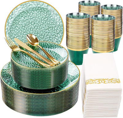 Set 350 Pzas Vajilla Plástico Verde Dorado