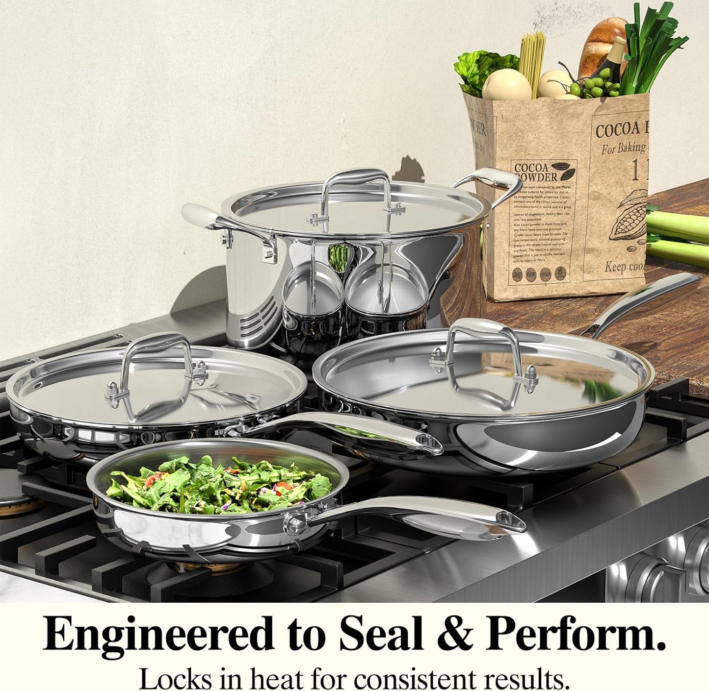 Set 3 sartenes acero inox 8x10x12pulg con tapa