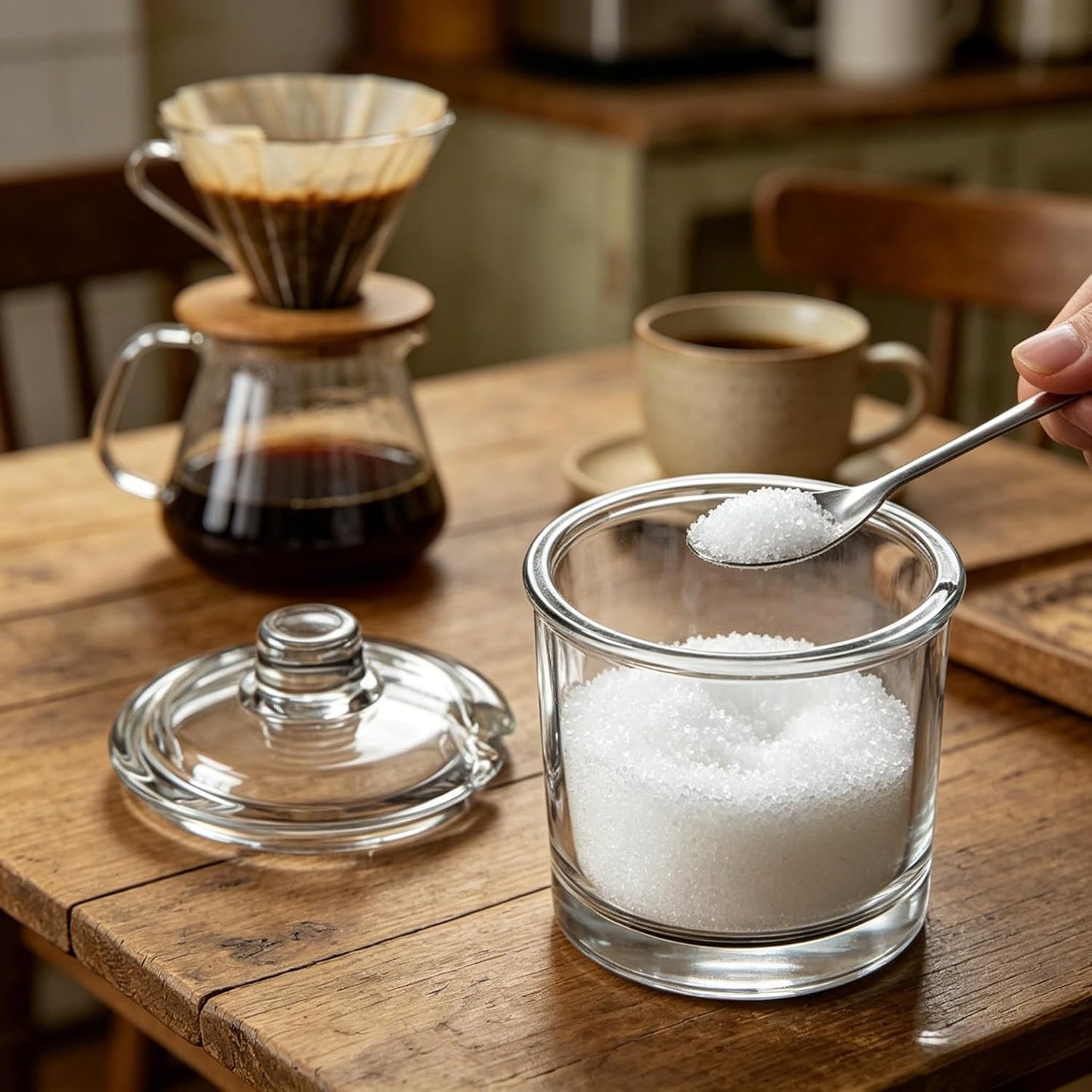 Azucarero vidrio tapa cuchara recipiente hermético multiuso