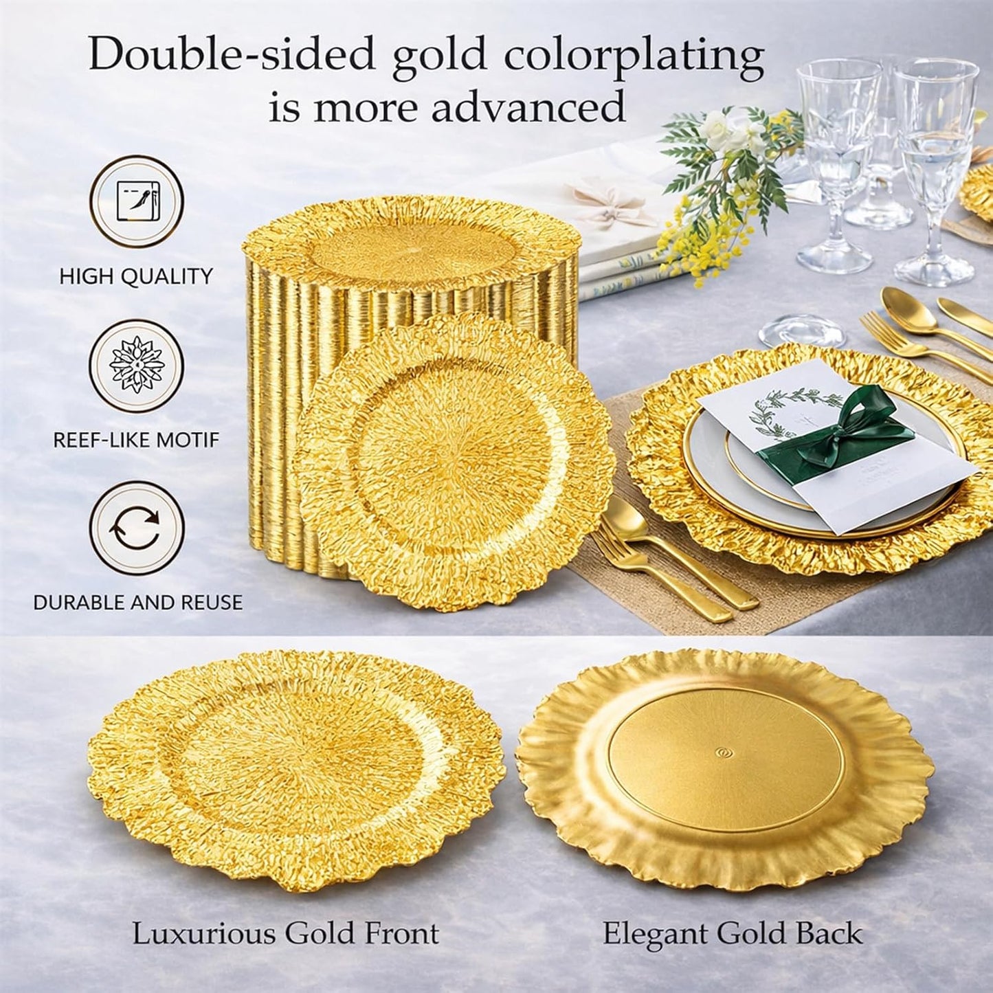 Set 100 Platos Carga Arrecife Oro Brillante 13pulg Reutilizables