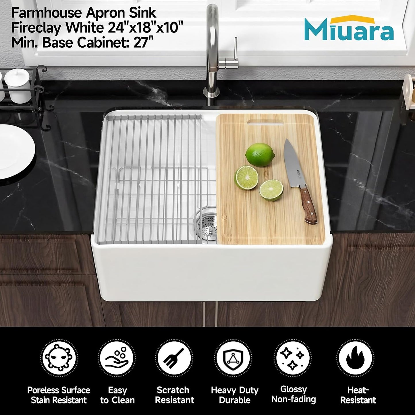 Fregadero blanco cocina granja 24pulg arcilla refractaria