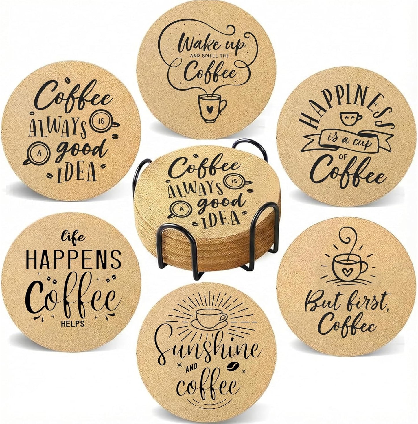 Juego de 6 posavasos de café con soporte de corcho natural