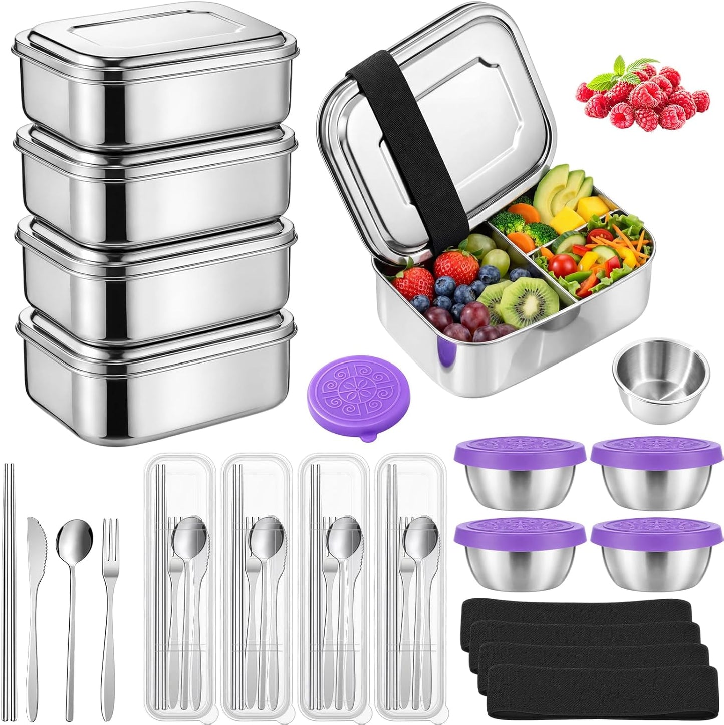 Caja Bento 28 Pzas Acero Inox 3 Compartimentos Cubiertos