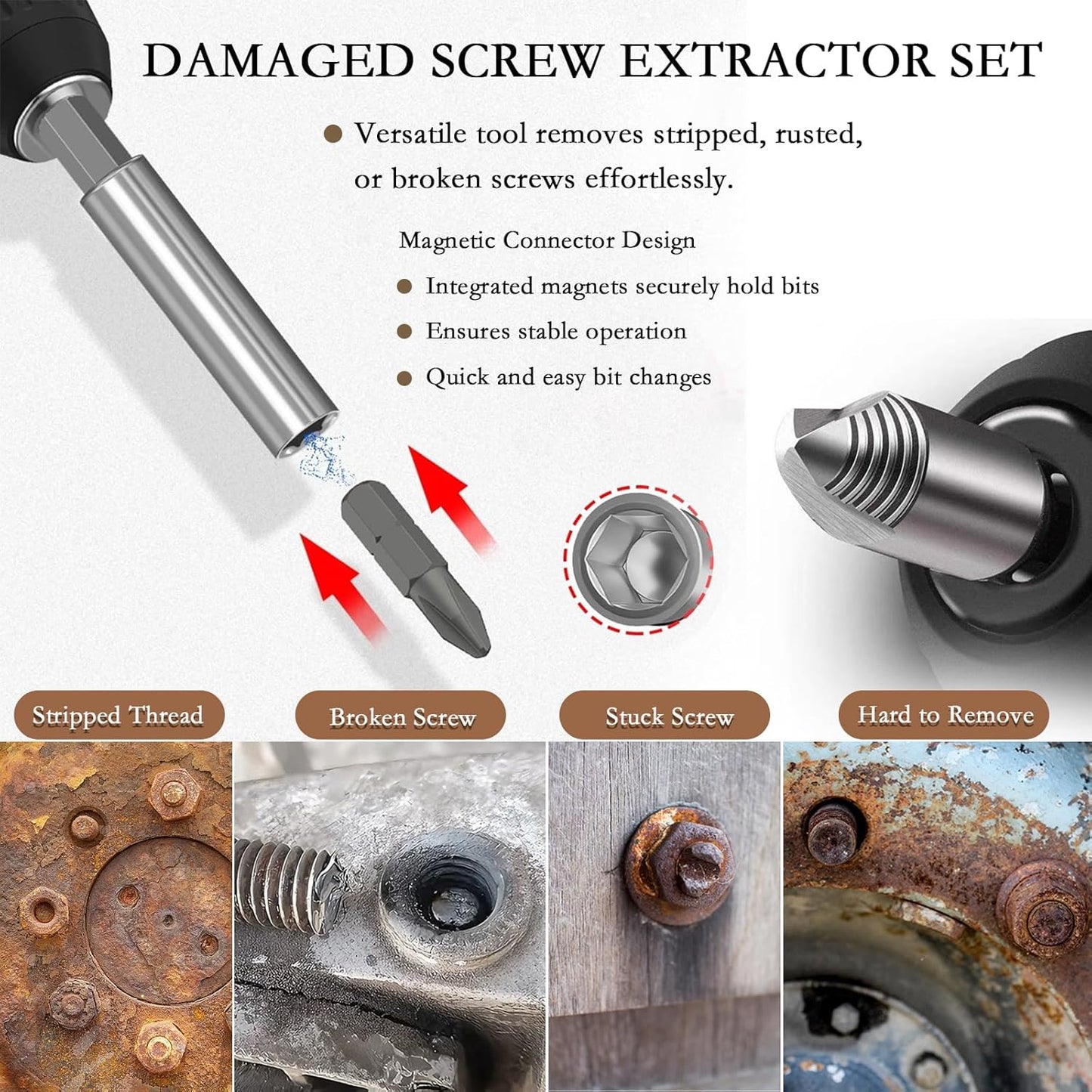 Set 33 Extractores S Pelados Eje Magnético Adaptador Soporte
