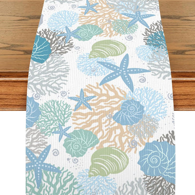 Camino de mesa náutico costero color azul y verde con tema de playa para cocina y comedor