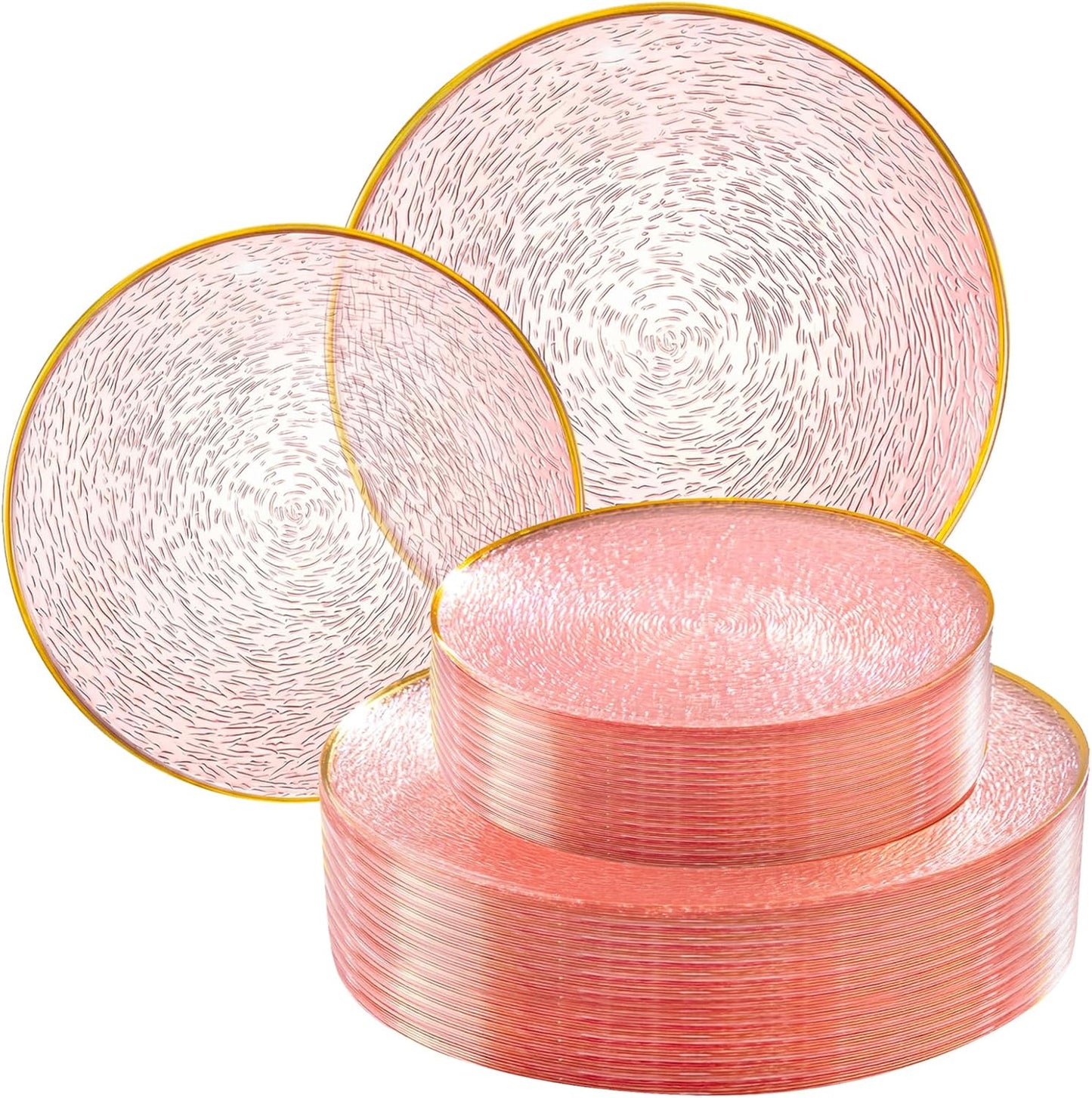 400 Pzas Utensilios Plástico Oro y 60 Pzas Platillos Plástico Rosa