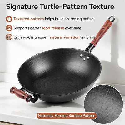 Espátula de wok de acero al carbono 15.2" con soporte antideslizante y wok de hierro fundido 14.2"