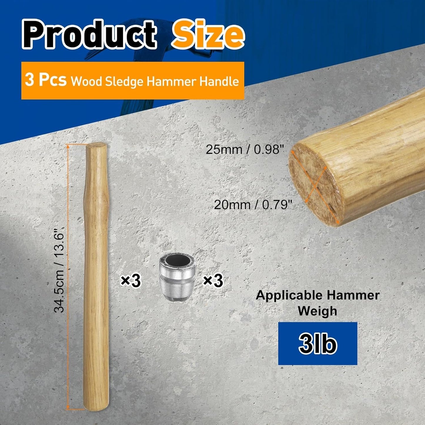 3 Pzas Mango Martillo Madera 13.6pulg Cuñas Redondas Carpintería