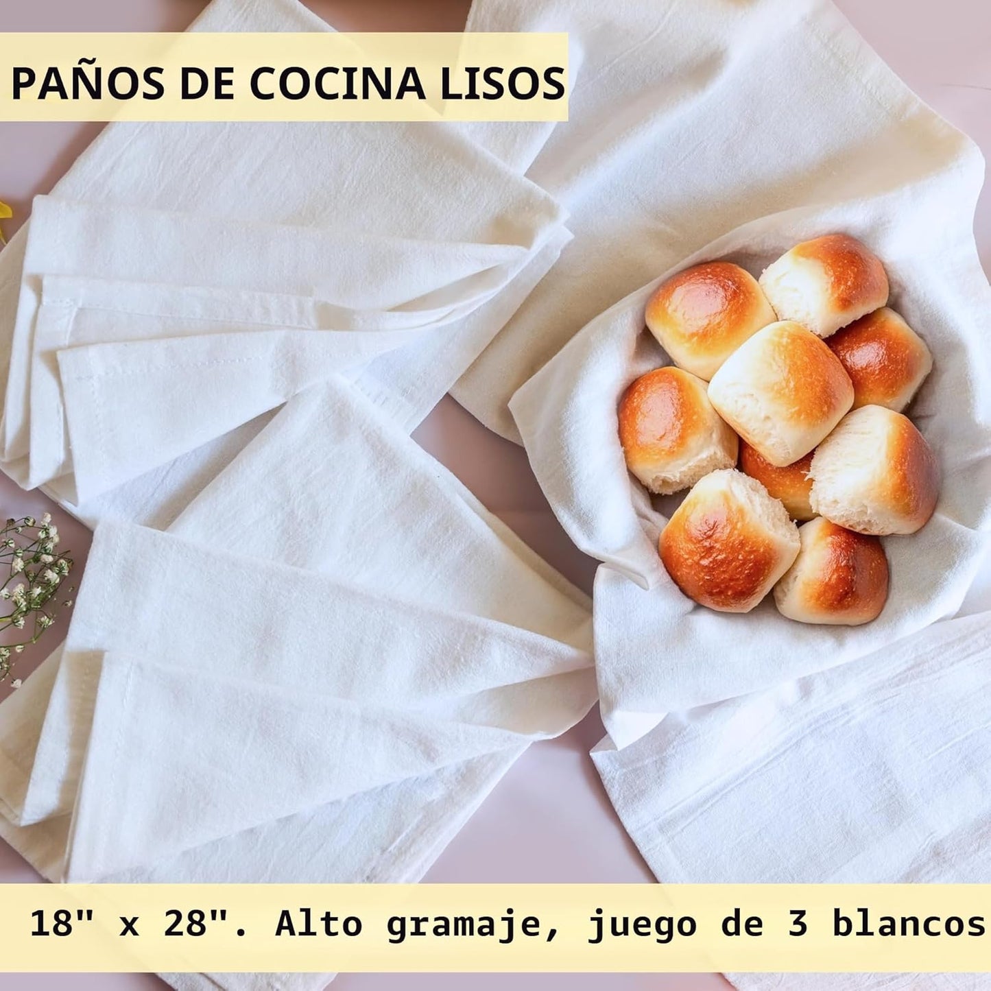 Paños cocina lino blanco 18x28pulg set 3 100% algodón