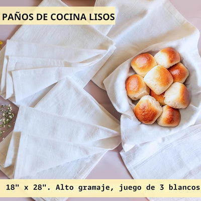 Paños cocina lino blanco 18x28pulg set 3 100% algodón