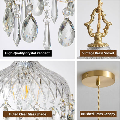 2 Pzas Lámparas Colgantes Cristal Latón Dorado Art Deco