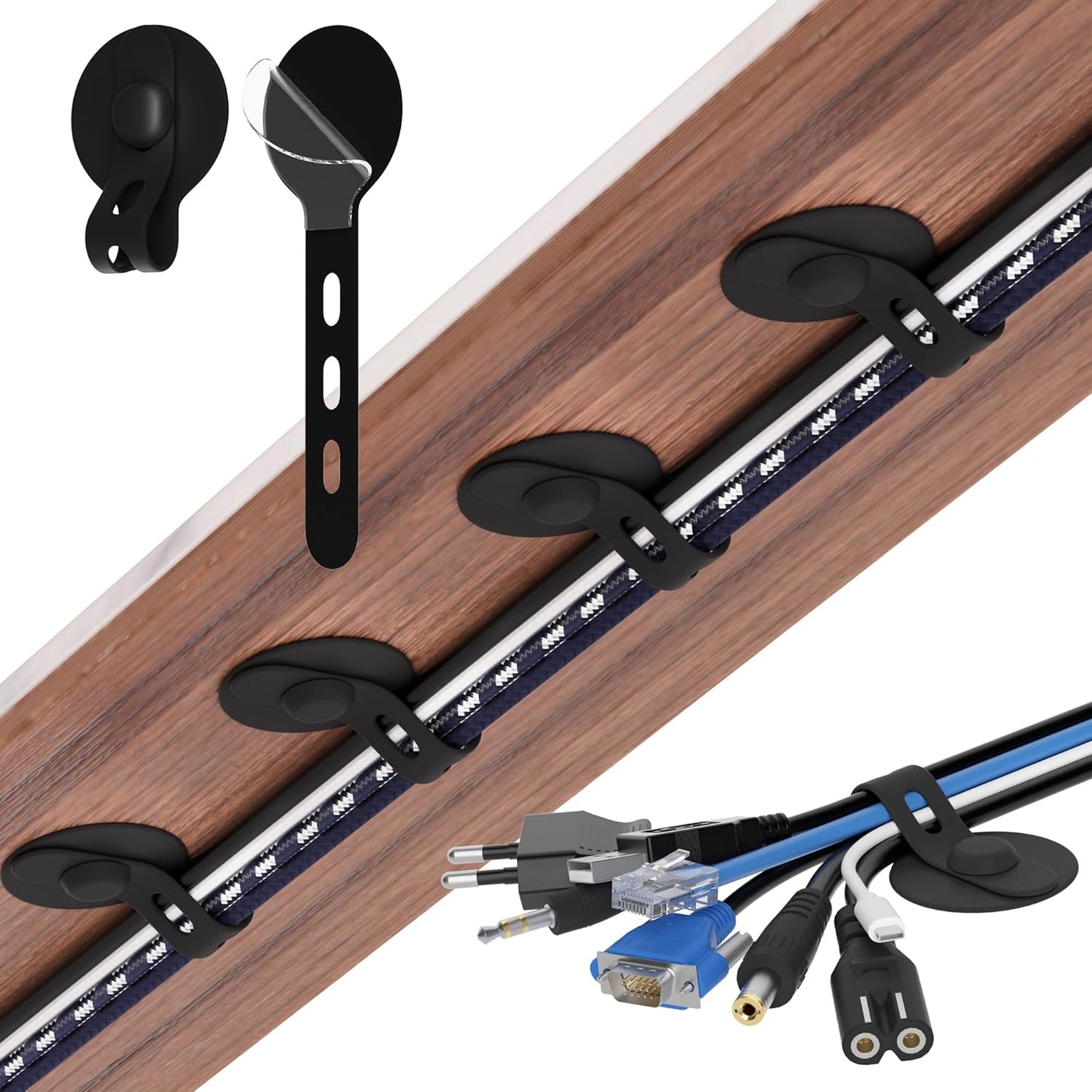 Organiz. cables autoadhesivo silicona ajustable 30 uds