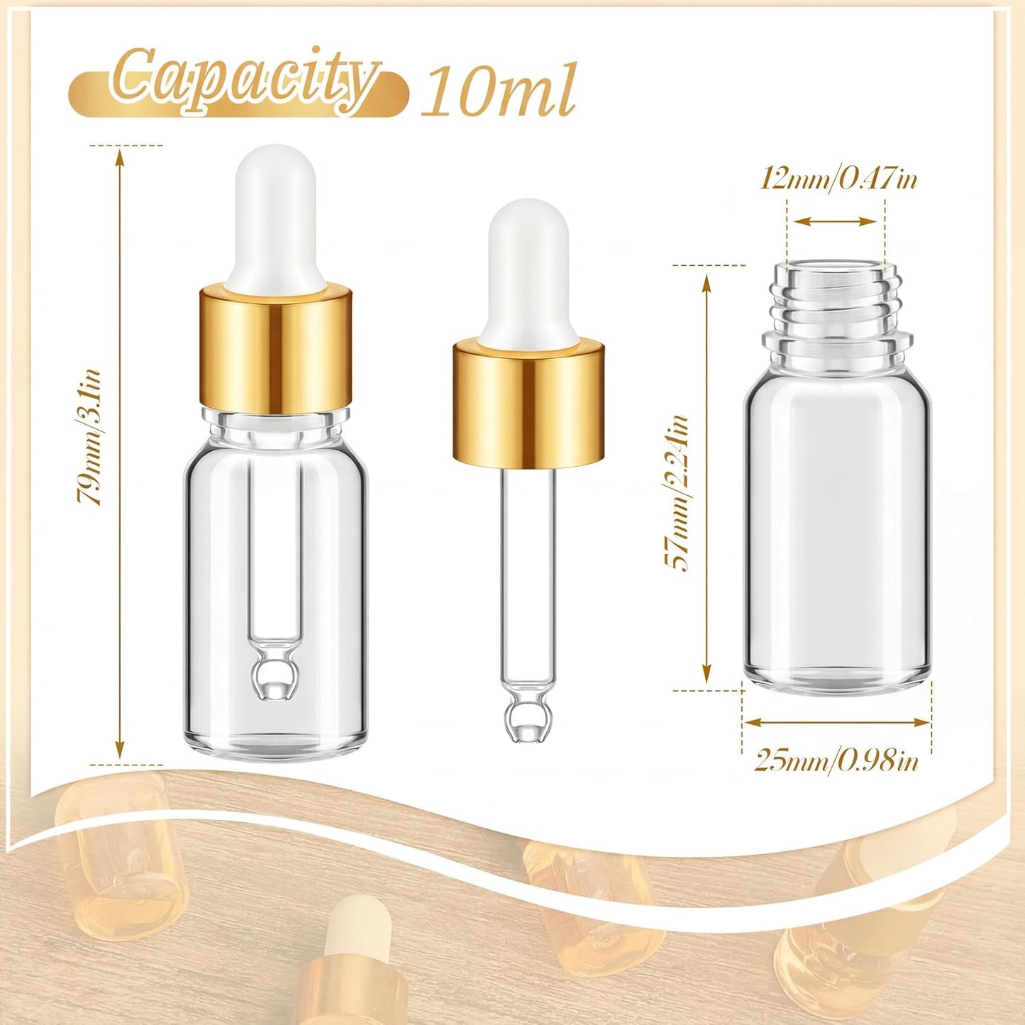200 Botellas Vidrio 0.3oz Gotero Transparente Viaje Dorado