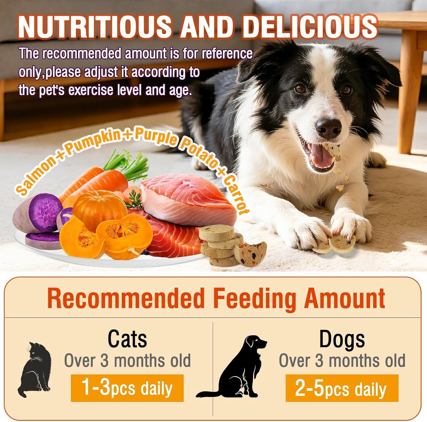 Golosinas salmón y verduras deshidratadas 3.52oz para mascotas