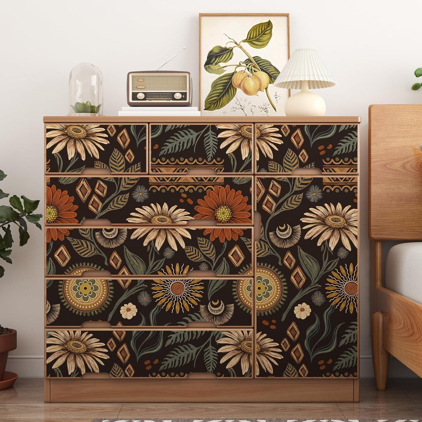 Papel tapiz floral negro oscuro autoadhesivo 17.5x394pulg