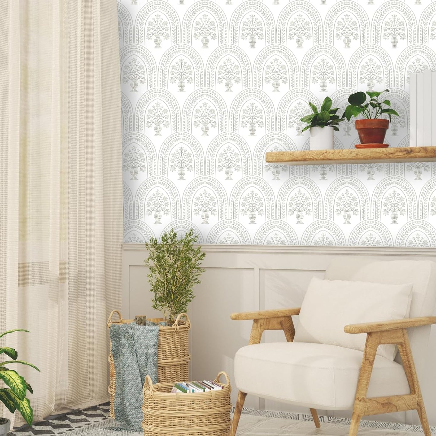 Papel tapiz floral blanco autoadhesivo 17.5x118pulg