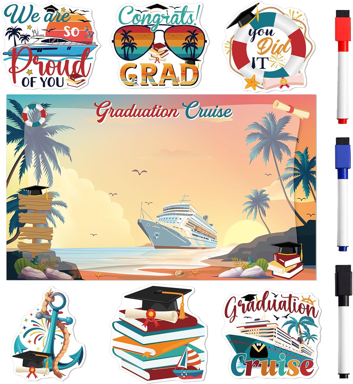 Decoraciones magnéticas para puerta de crucero graduación 7 piezas imanes retro sunset congrats 2026 letreros náuticos
