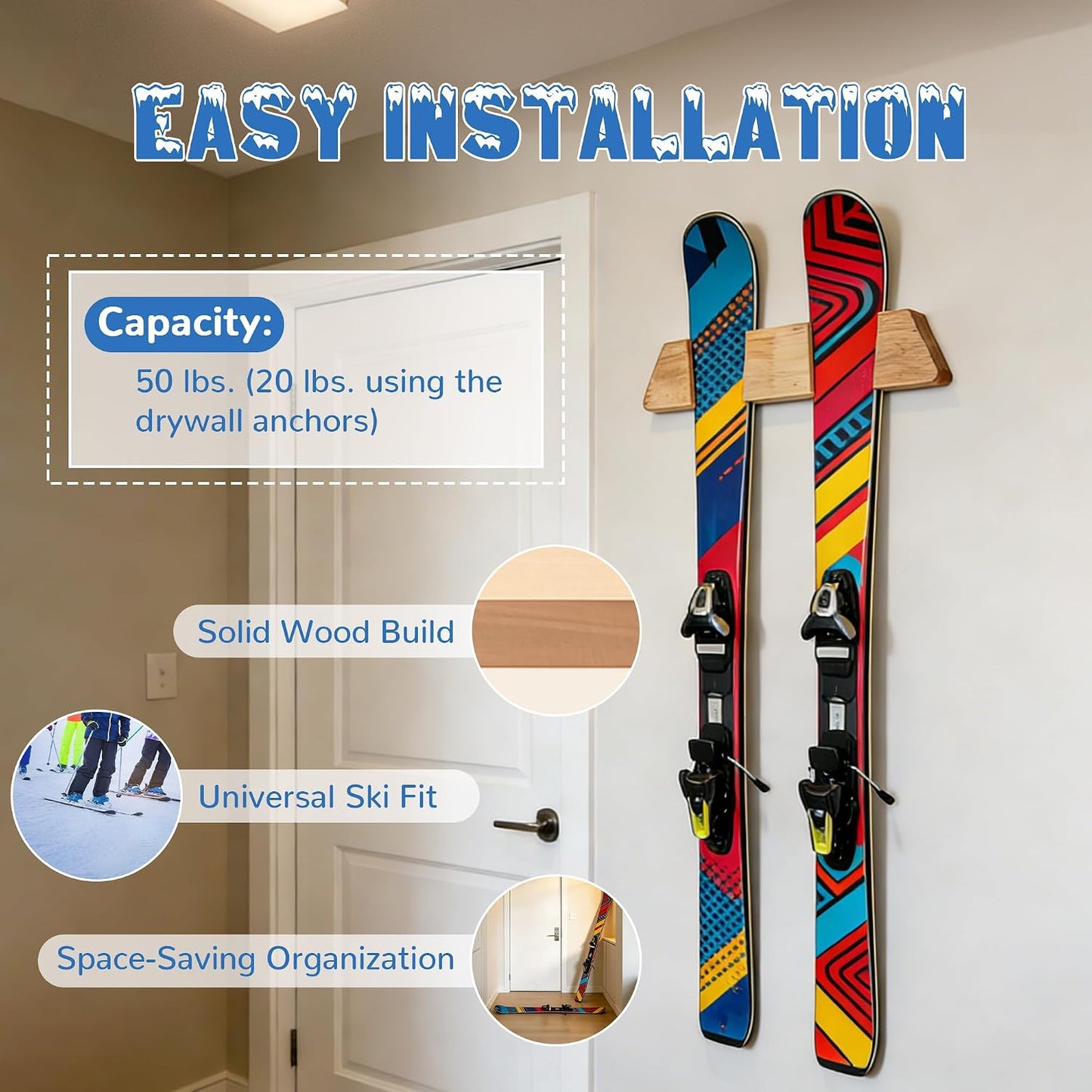 Estante esquí madera maciza pared organizador resistente natural