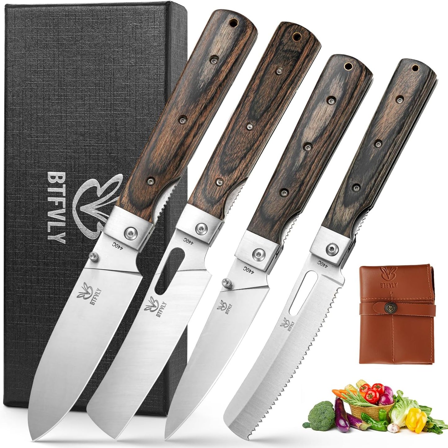 Juego 4 cuchillos plegables acero inox 440A mango madera negro