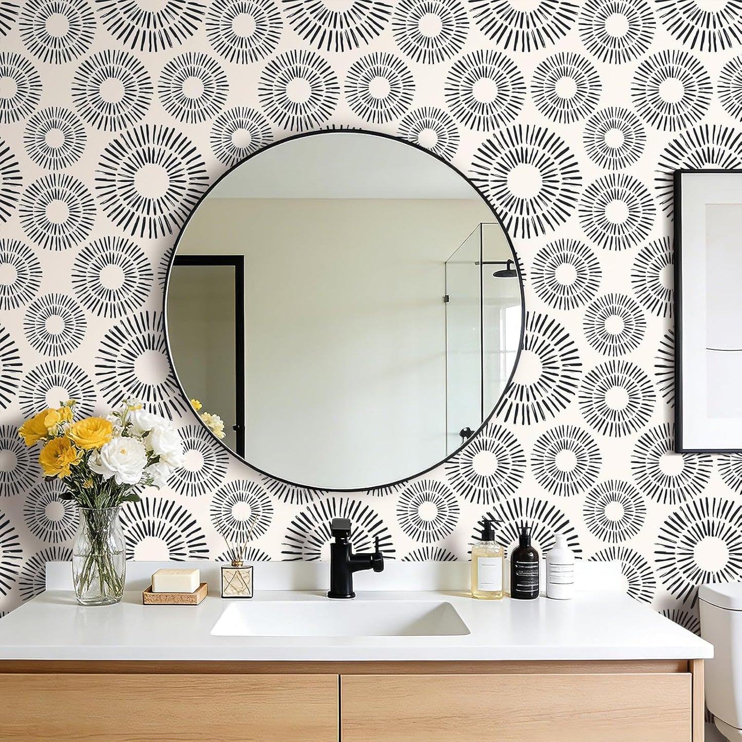 Papel tapiz geométrico negro beige círculo despegable