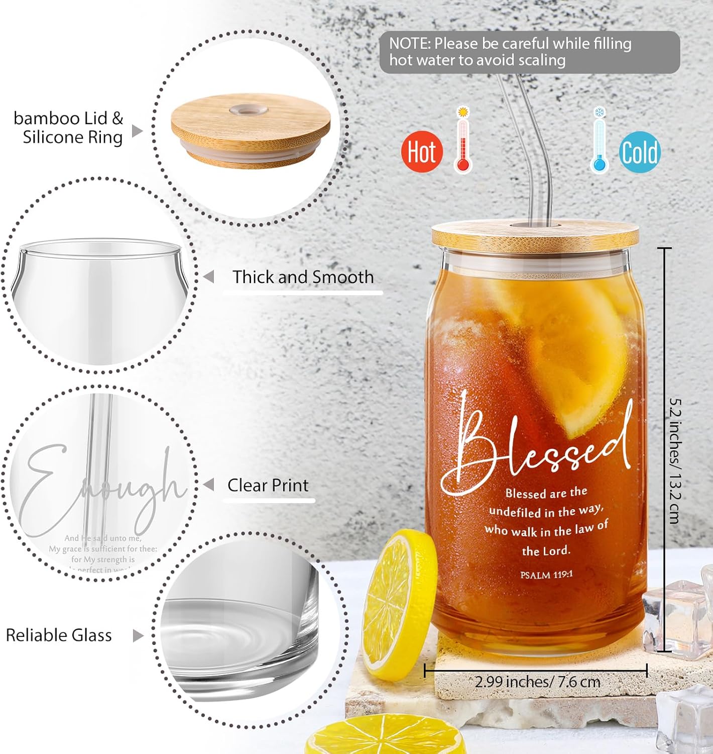 Juego de 6 regalos cristianos para mujeres, vaso de vidrio, tapa, pajita, bolsa cosmética y mini espejo religioso