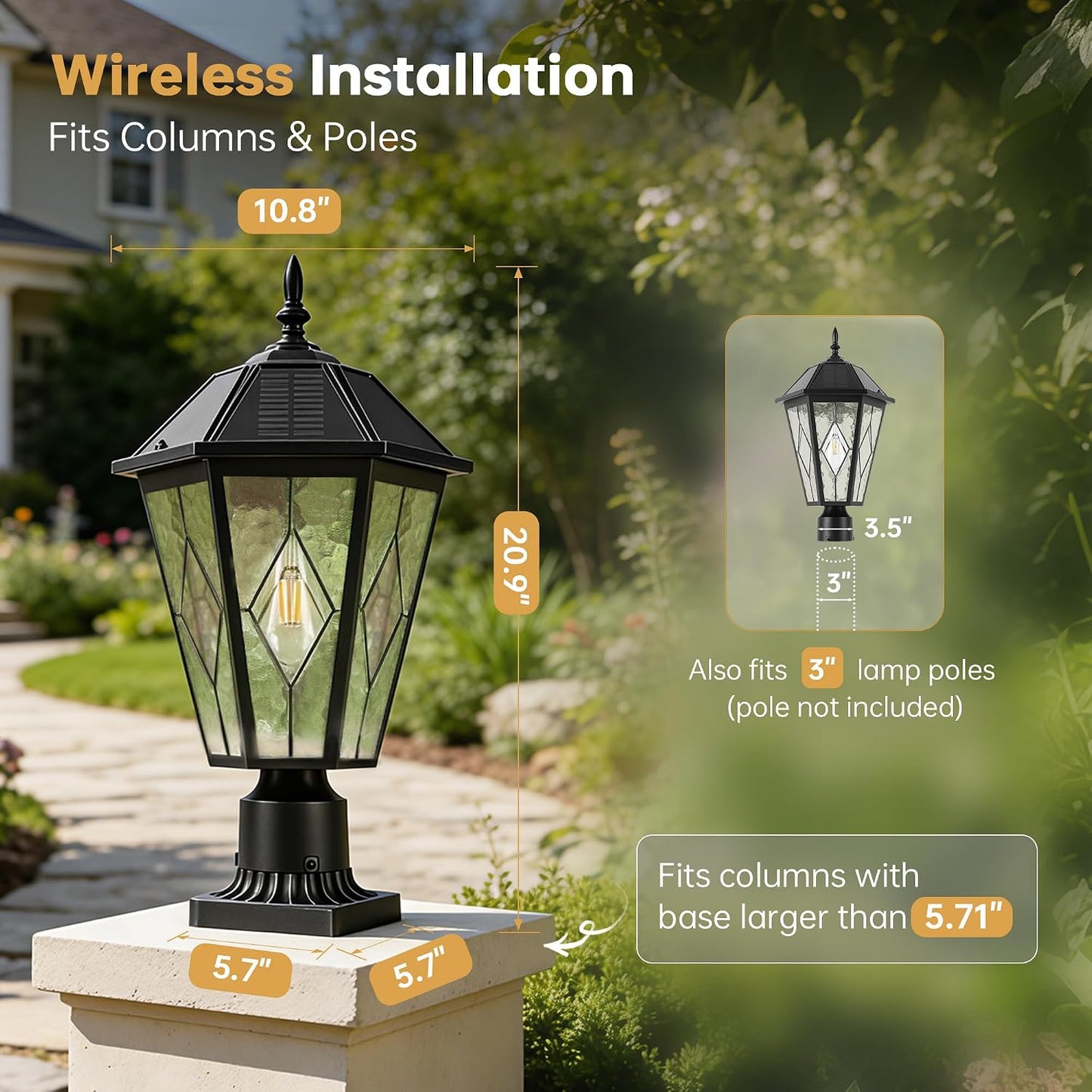 Luz solar poste al aire libre inalámbrica negra impermeable