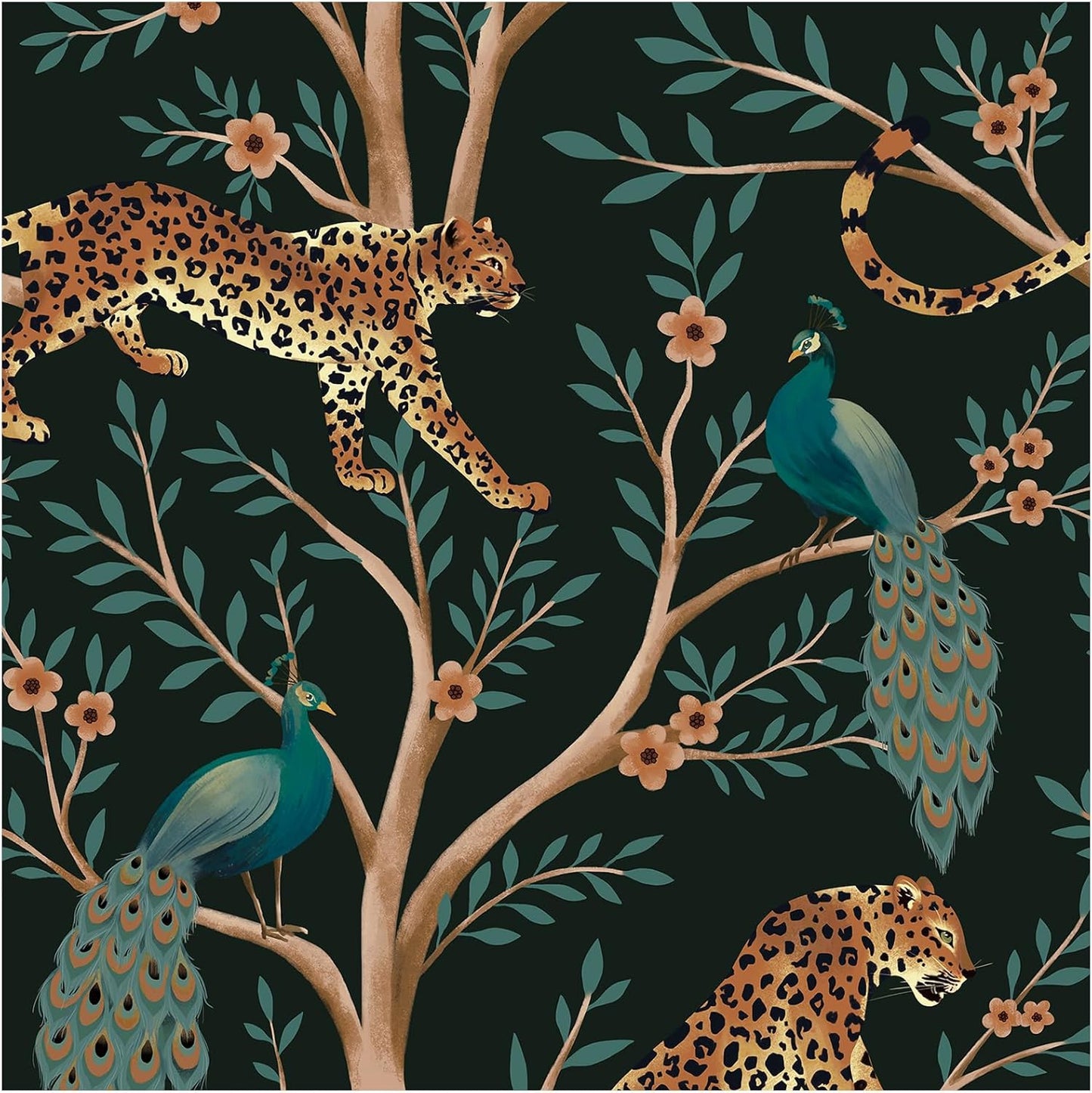Papel tapiz leopardo bohemio selva 17.3x9.8pulg