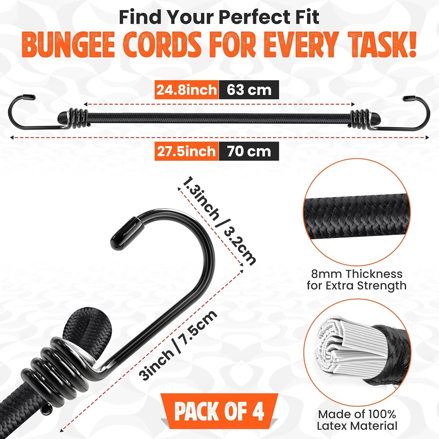 Cuerdas elásticas bungee 28" con gancho 4 Pzas