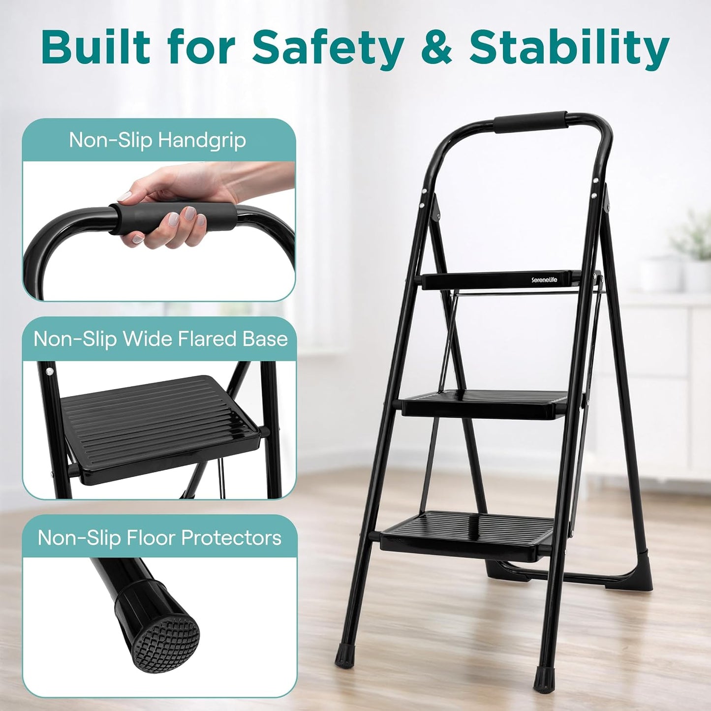 Escalera 3 escalones plegable con barandilla acero resistente 570lb