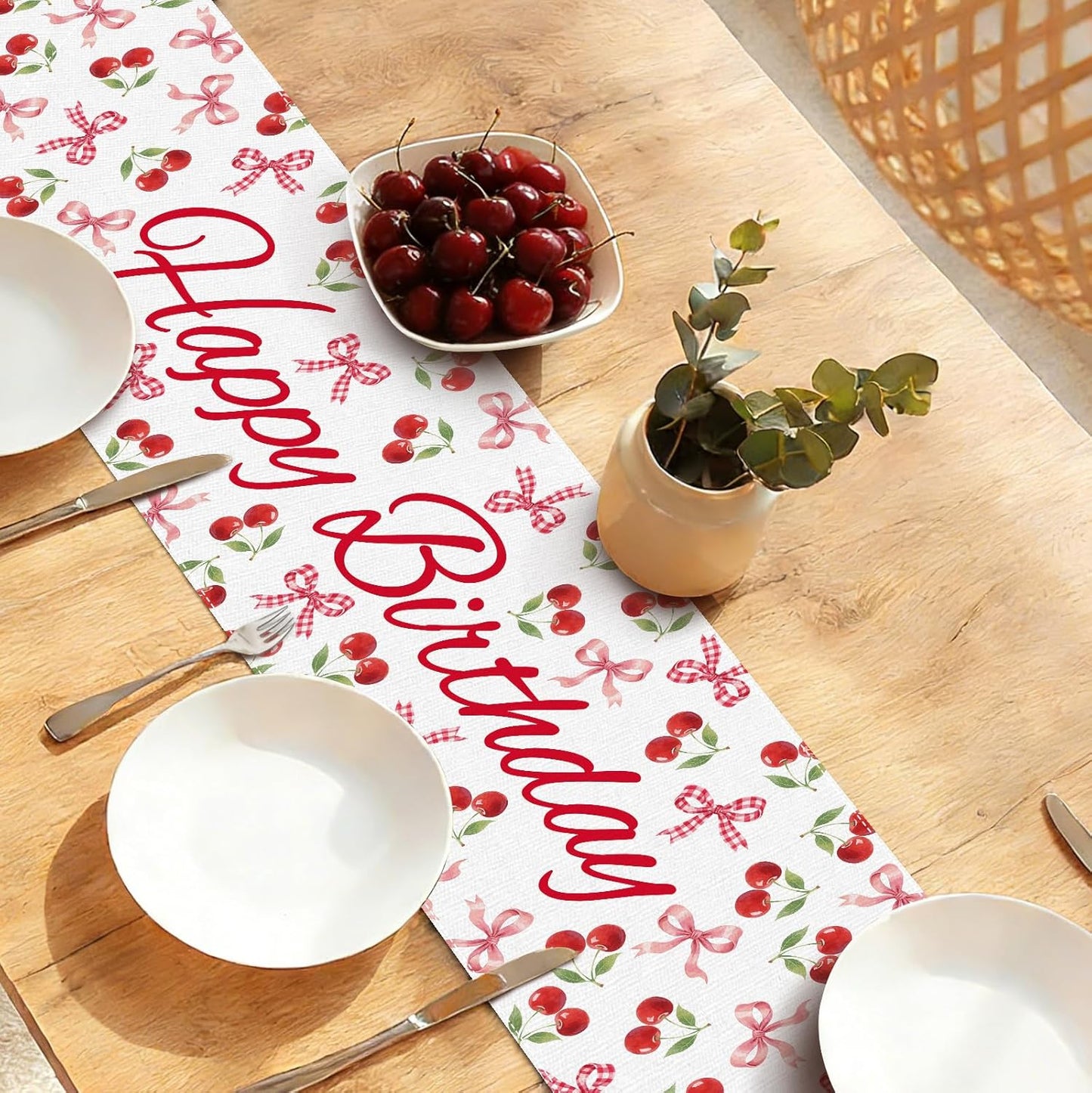 Camino mesa cumpleaños lazo cerezo patrón rojo y rosa 72x13pulg