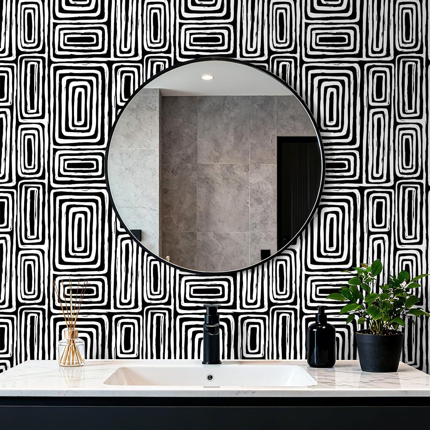 Papel Tapiz Geométrico Blanco Negro Impermeable Adhesivo