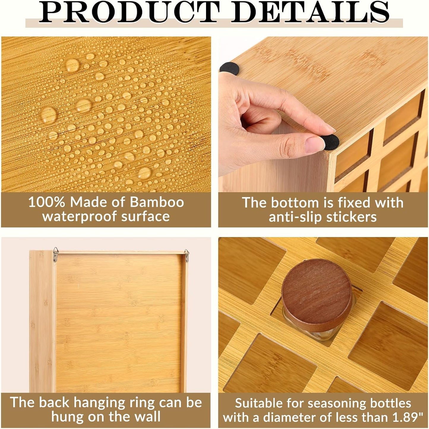 Organiz. especias bambú 36 rejillas soporte pared madera