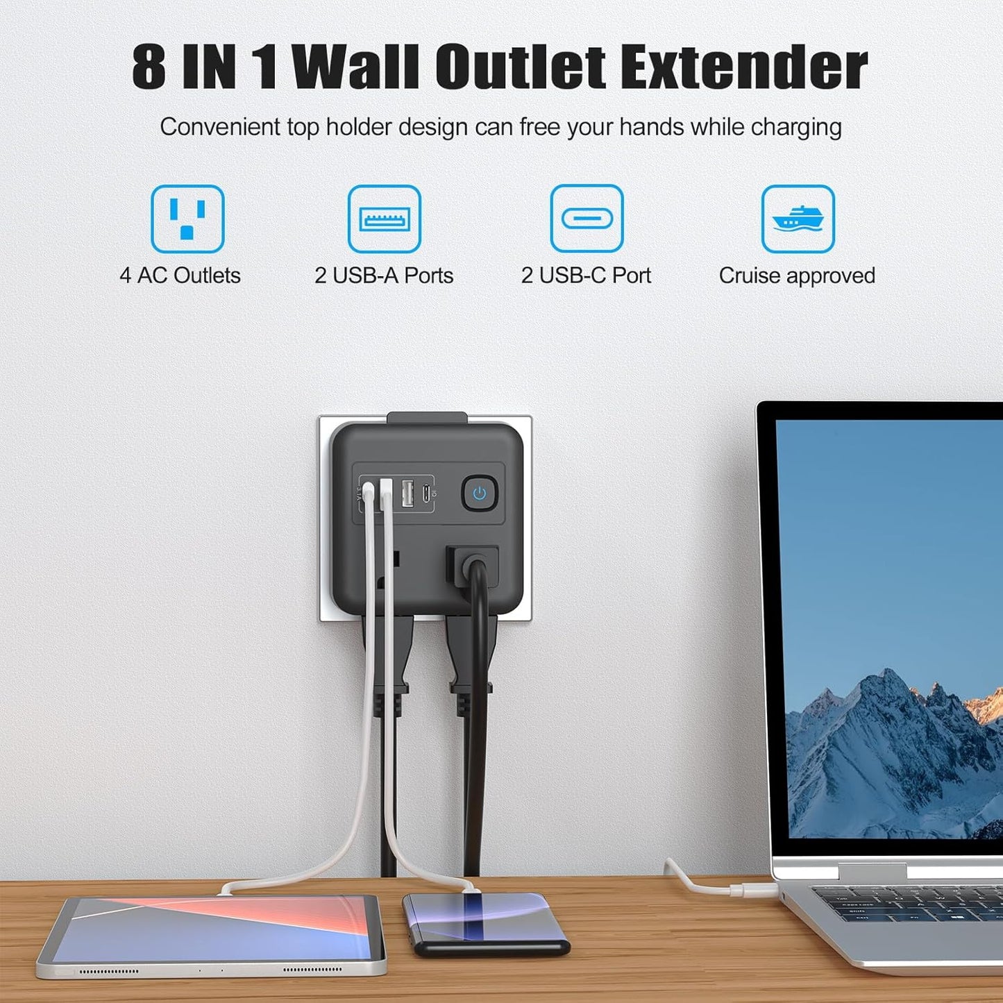 Extensor tomacorriente múltiple con USB-A USB-C y soporte teléfono