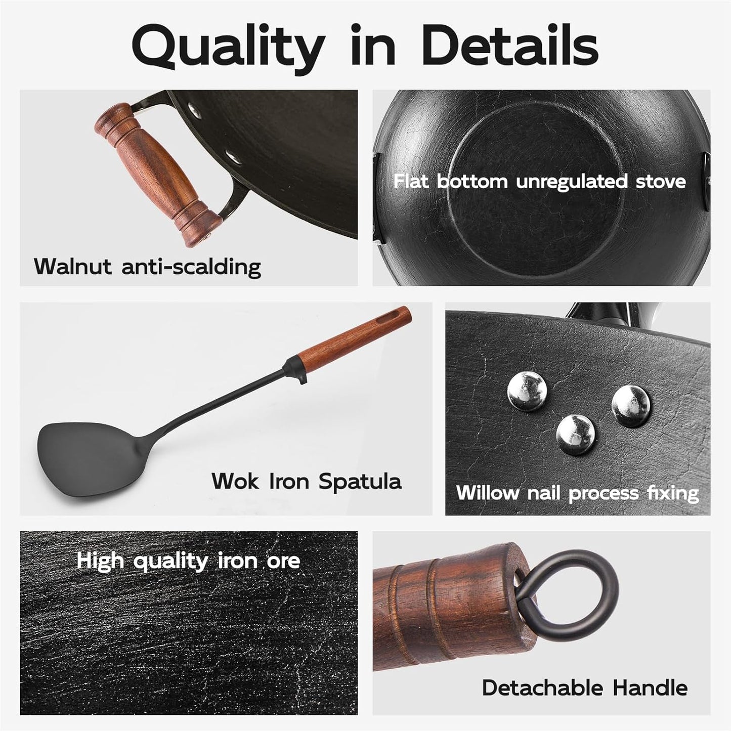 Wok hierro 12.6pulg con tapa y espátula de madera