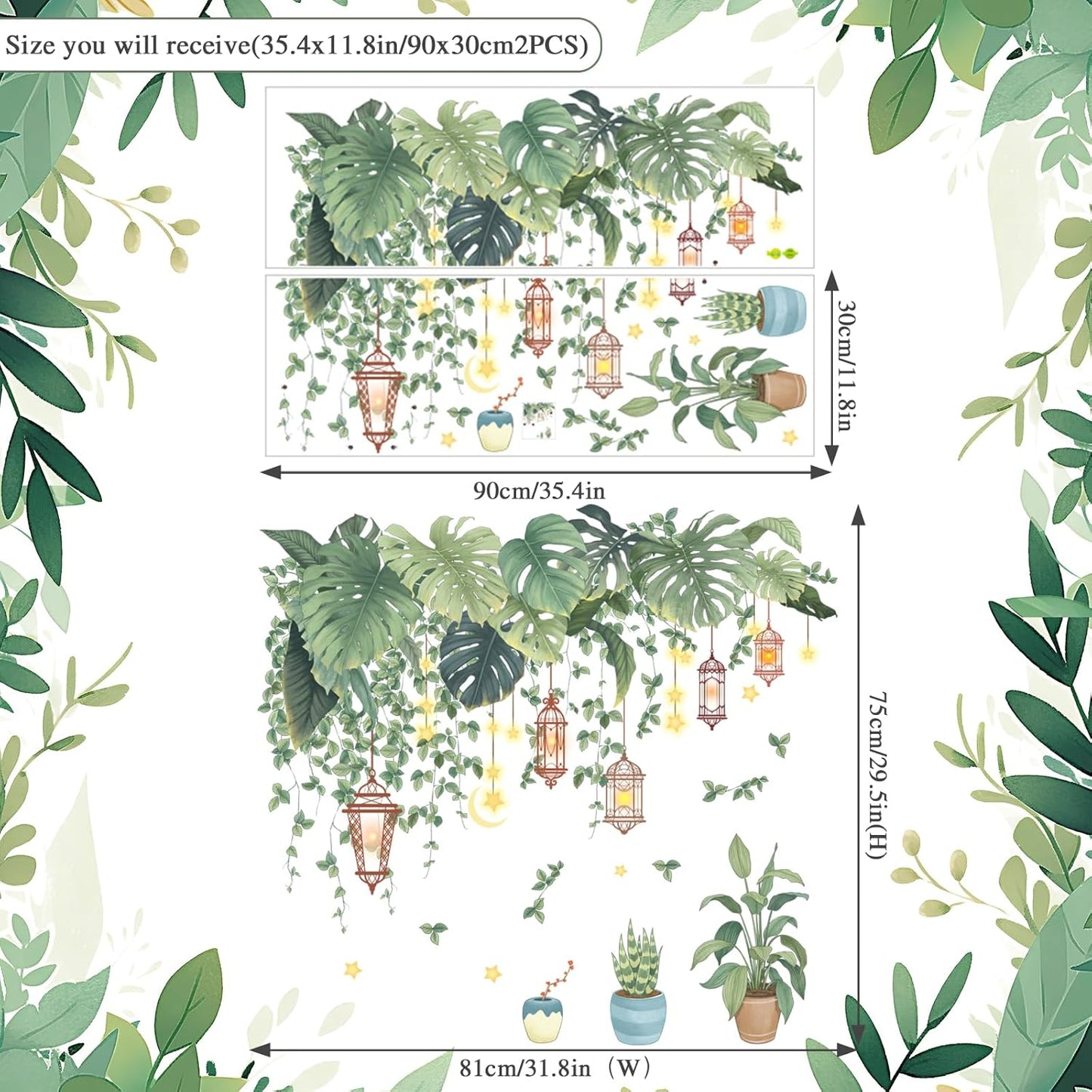 Adhesivos pared hojas tropicales con enredadera y farol