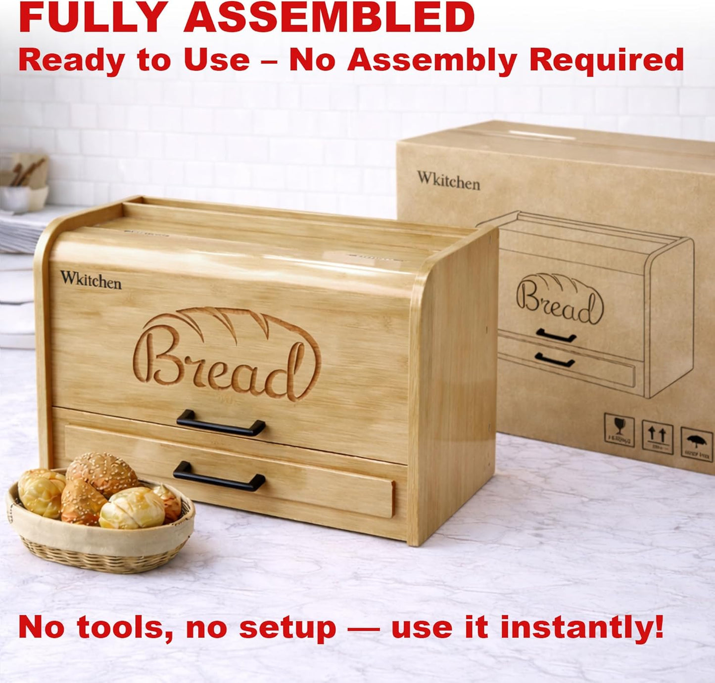 Caja pan bambú vintage para cocina grande madera real