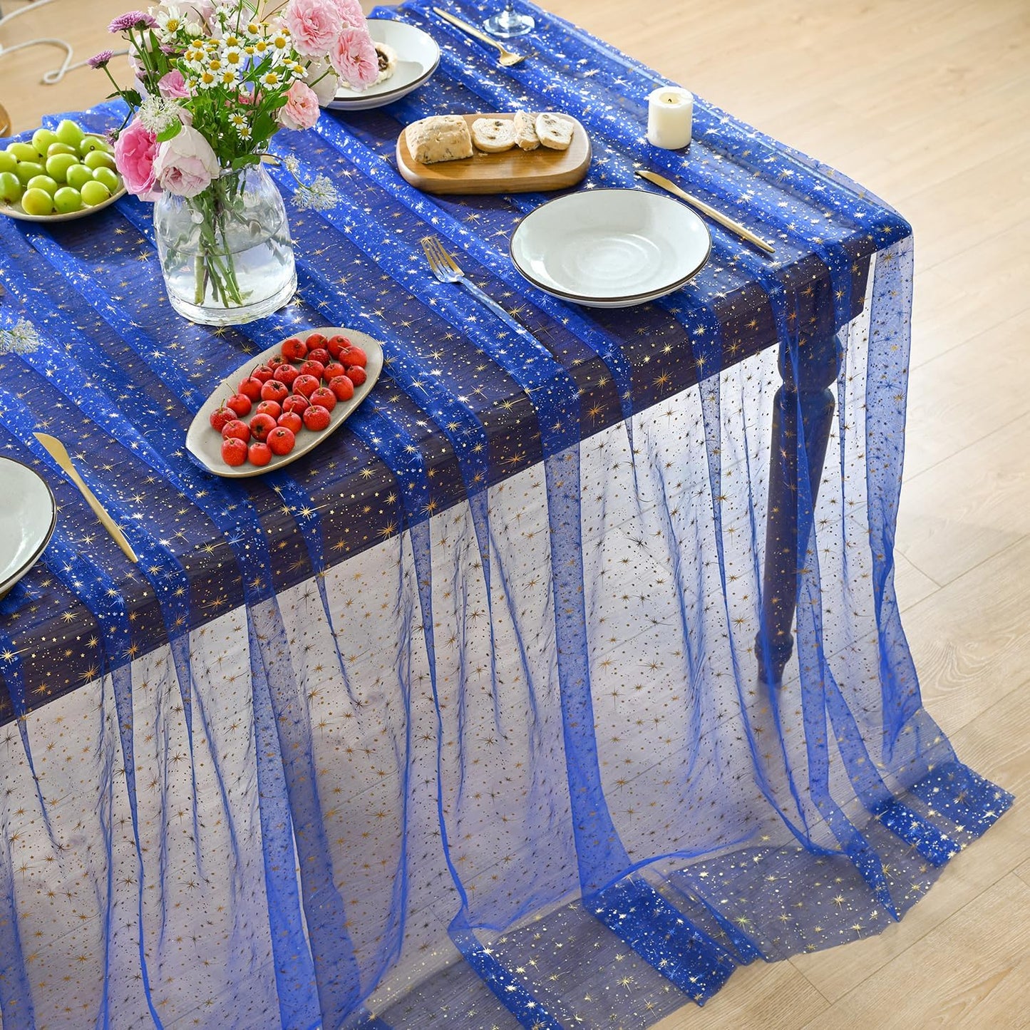 Mantel Gasa Azul Real Dorado 60x140pulg con Lentejuelas